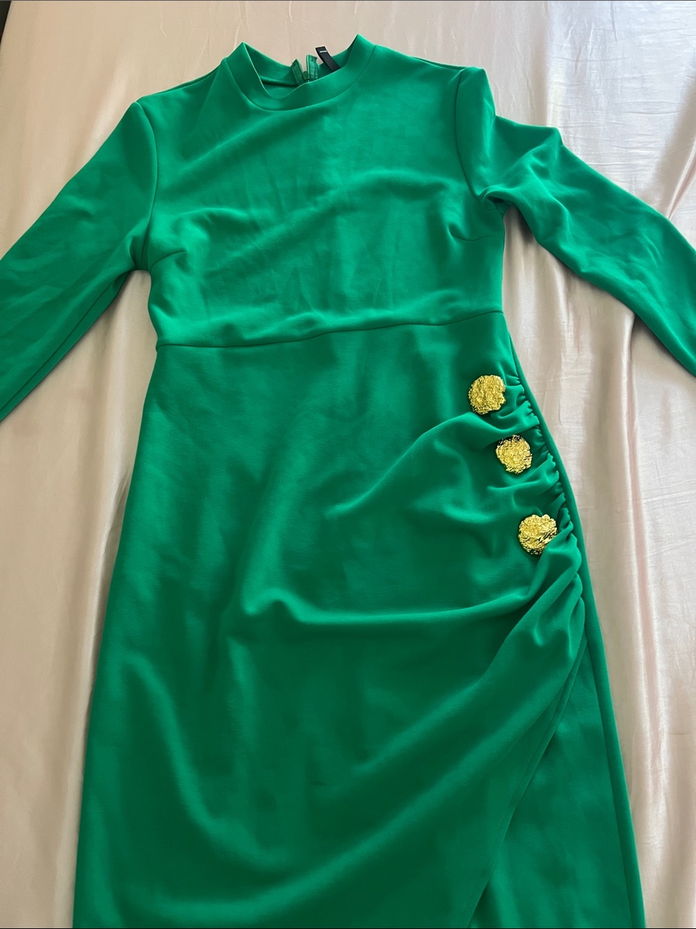 STYLEWE Emerald Green Long Sleeve Midi Dress with Gold Floral Buttons